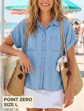 Point Zero Lyocell Chambray Button Down Large Boho Coastal Grandmother